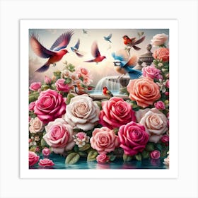 Roses And Birds Art Print