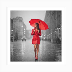 Beautiful Woman In Red Coat In The Rain Art Print