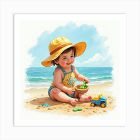 Toddler With A Sun Hat Playing With Sand Toys On A Watercolor Beach Art Print