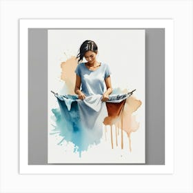 Watercolor Of A Woman Washing Clothes Art Print