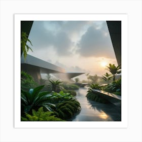 Futuristic Modern Garden peaceful sunrise 1 Art Print