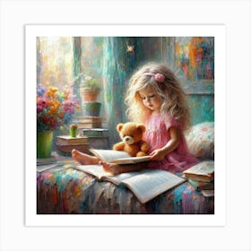 Little Girl Reading To A Teddy Bear Art Print