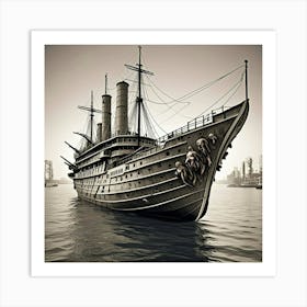 Steampunk Ship Monochrome Cubism Style Art Print