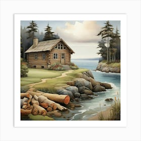 Coastal Log Cabin Landscape Art Print 1 Art Print