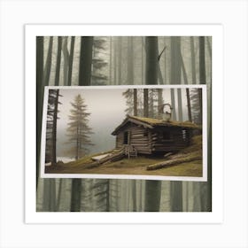 Small wooden hut inside a dense forest of pine trees with falling snow 5 Art Print