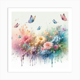 Watercolor Flowers With Butterflies 1 Art Print