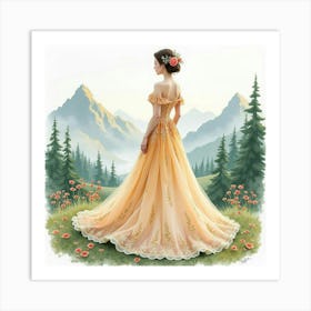 Enchanting Gown In Watercolor, With A Peaceful Mountain Scene 1 Art Print