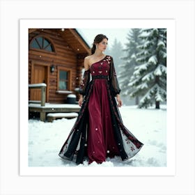 Woman In A Snowy Cabin Art Print