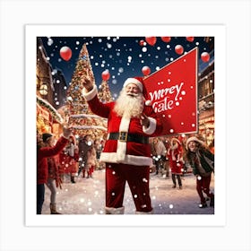 A Festive Christmas Scene With A Cheerful Man Dressed As Santa Claus Holding A Sign Fingers Pointin (5) Art Print