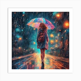Girl Walking In The Rain At Night Art Print