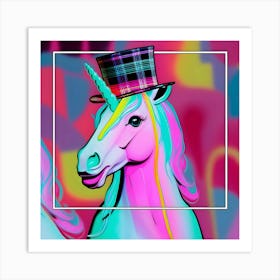 A Neon Unicorn With A Plaid Top Hat, Inspired By The Pop Art Style Of Roy Lichtenstein, In A Neon Rainbow Color Scheme, With The Unicorn In Sharp Focus And The Background Blurred, Framed With A Minimalist Outline 1 Art Print