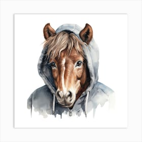 Watercolour Cartoon Horse In A Hoodie 1 Art Print