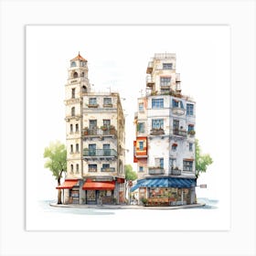 Watercolor Illustration Of Two Buildings Art Print