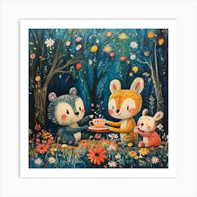 Tea Party Forest Animals Cartoon Art Print