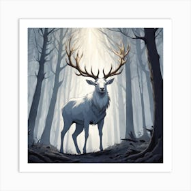 A White Stag In A Fog Forest In Minimalist Style Square Composition 23 Art Print