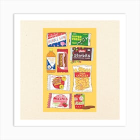 90s Snacks Yellow Square Art Print