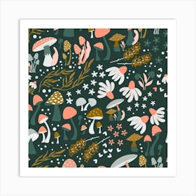 Mushrooms And Flower Pattern On Green Square Art Print