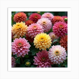 A Vibrant Garden Of Dahlias With Large, Colorful Blooms 3 Art Print