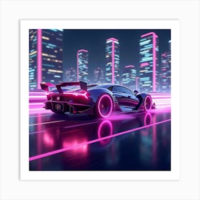 Futuristic Formula Car Glowing In Neon Purple Lights Zooming Past Cyber Buildings 1 Art Print