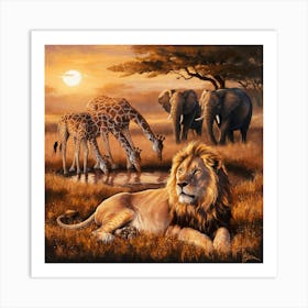 Lions And Giraffes 1 Art Print