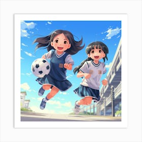 Two Girls Playing Soccer Anime Art Print