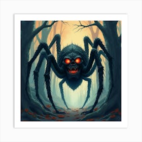 Horrific Spider Monster In Dark Forest, Watercolor, Eerie Colors 1 Art Print