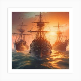 Three Ships In The Ocean Art Print