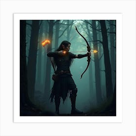 Mystical Elven Archer With Glowing Arrows In A Dark Forest 1 Art Print