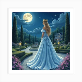 Royal Lady In A Watercolor Moonlit Palace Garden 1 Art Print