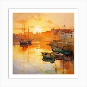 Watercolor Harbour at Sunset | Idyllic Dreamy Landscape Art Print