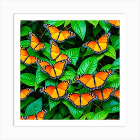 Monarch Butterflies On Green Leaves Art Print