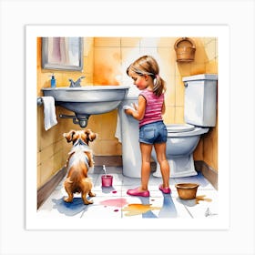 Little Girl And Dog In Bathroom 1 Art Print