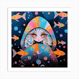 Girl With Fishes 3 Art Print