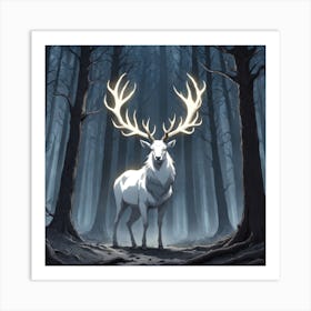 A White Stag In A Fog Forest In Minimalist Style Square Composition 51 Art Print