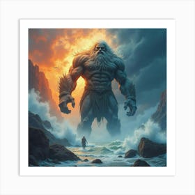 Titan In Mythical Storm, Watercolor, Epic And Vibrant 1 Art Print