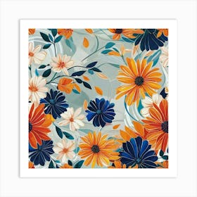 Orange And Blue Flowers Art Print