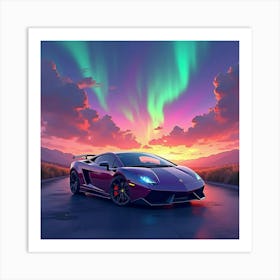 Watercolor Lamborghini Gallardo Under A Colorful Aurora Sky 1 1 Art Print