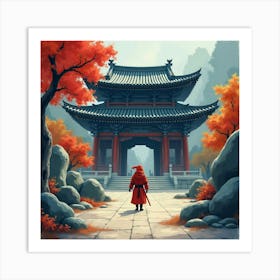 Ninja In A Colorful Watercolor Ancient Temple 1 Art Print