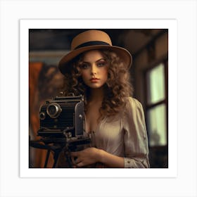 Vintage Girl With Camera Art Print