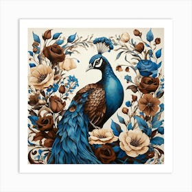 Floral Blue Brown Peacock Art Print 3 Art Print