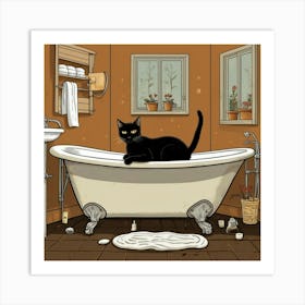 Default Black Cat On Bathtub Brown Black Bathroom Art Print 2 Art Print