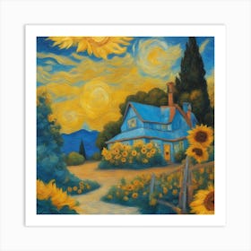 Gemütliches Haus auf dem Land mit Blumen bei Sonnenuntergang Art Print