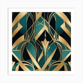 A stylish Art Deco pattern featuring bold geometric shapes, metallic accents, and a luxurious color scheme of gold, black, and deep teal. The design is elegant, symmetrical, and eye-catching Art Print