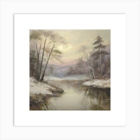 Ancient landscapes, old winter oil paintings and rocks around the lake bank. Snow is falling on the lake, old colors.2 Art Print