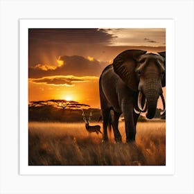 Sunset Elephant And Deer Art Print