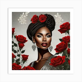 Black Woman With Red Roses 1 Art Print