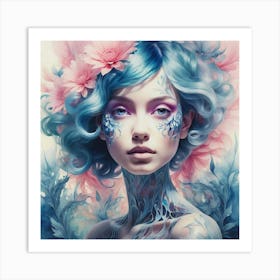 Girl With Blue Hair And Flowers Art Print