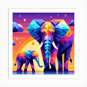 Duo Elephants At Sunset Art Print