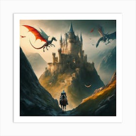 A Fantasy Castle With Dragons And Knights Art Print