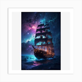 Ship In The Sky Pirate ship sailing into a bioluminescence sea with a galaxy in the sky Art Print